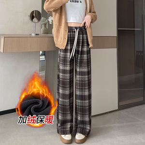 Plush plaid high-waist slim warm casual straight pants