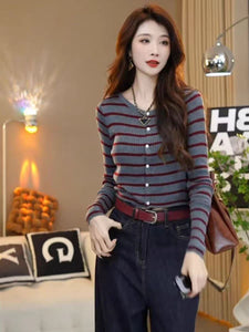 Striped round neck knitted long-sleeved versatile top