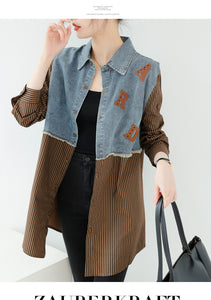 Seoul Weekly's designer patchwork mid-length denim letter striped shirt