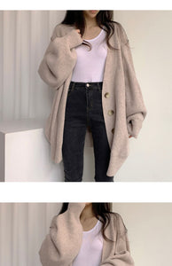 Casual V-neck single-breasted loose lantern sleeve knitted cardigan sweater