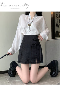 Chinese disc buckle jacquard thin country style short skirt A-line skirt