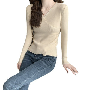 V-neck crossover sexy solid color slim long-sleeved sweater