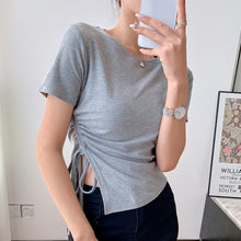 Load image into Gallery viewer, Shoulder cropped top ins trendy drawstring short-sleeved t-shirt
