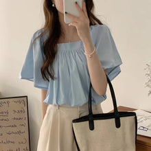 Load image into Gallery viewer, Sweet commuting French puff sleeve solid color short shirt
