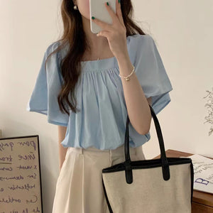 Sweet commuting French puff sleeve solid color short shirt