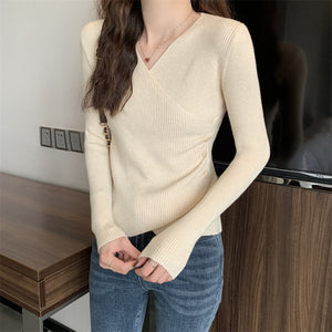 V-neck crossover sexy solid color slim long-sleeved sweater