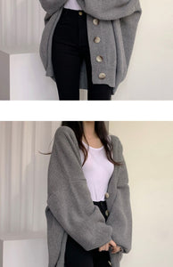 Casual V-neck single-breasted loose lantern sleeve knitted cardigan sweater