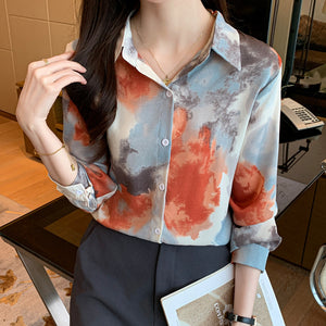 Retro lapel long-sleeved printed tie-dye style shirt commuter top