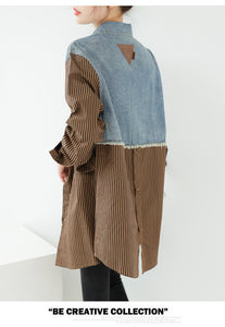 Seoul Weekly's designer patchwork mid-length denim letter striped shirt