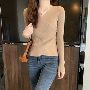 V-neck crossover sexy solid color slim long-sleeved sweater