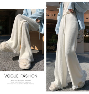 Thickened soft waxy mink velvet fringed knitted wide-leg pants