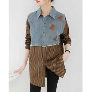 Seoul Weekly's designer patchwork mid-length denim letter striped shirt