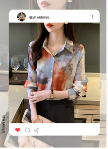 Retro lapel long-sleeved printed tie-dye style shirt commuter top