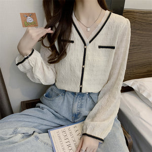 V-neck lace niche versatile temperament pleated shirt