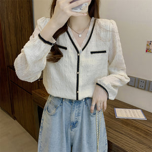 V-neck lace niche versatile temperament pleated shirt