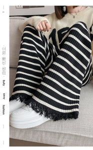 Striped fringed knitted casual wide-leg pants