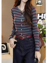 Load image into Gallery viewer, Striped round neck knitted long-sleeved versatile top
