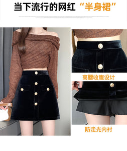 Niche A-line high-waisted slimming half-length corduroy skirt