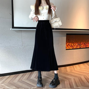 Gold velvet mid-length high-waisted slimming fishtail skirt