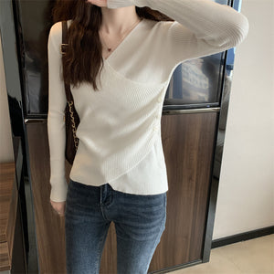 V-neck crossover sexy solid color slim long-sleeved sweater