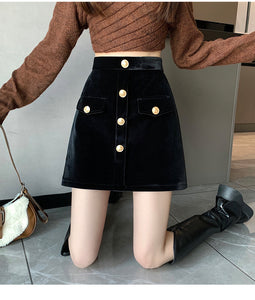 Niche A-line high-waisted slimming half-length corduroy skirt