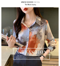 Load image into Gallery viewer, Retro lapel long-sleeved printed tie-dye style shirt commuter top
