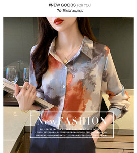 Retro lapel long-sleeved printed tie-dye style shirt commuter top