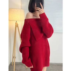 Loose, lazy and versatile one-shoulder mid-length sweater dress