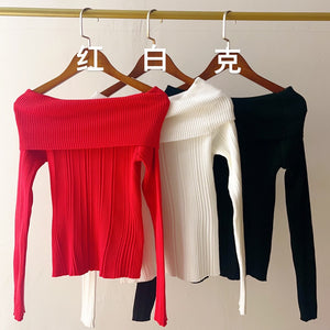 One-shoulder, tight-fitting off-shoulder sexy long-sleeved sweater