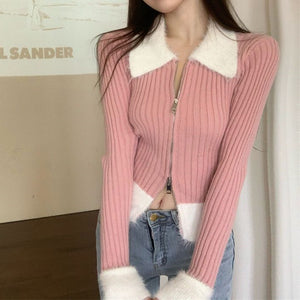 Gentle style spliced double zipper sweater long-sleeved top sweater