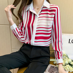 Long-sleeved irregular striped POLO collar elegant OL chiffon shirt