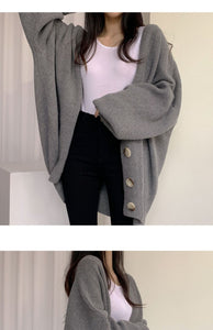 Casual V-neck single-breasted loose lantern sleeve knitted cardigan sweater