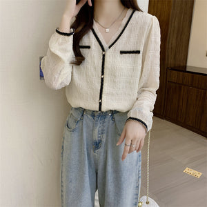 V-neck lace niche versatile temperament pleated shirt