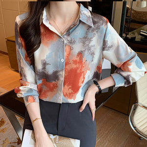 Retro lapel long-sleeved printed tie-dye style shirt commuter top