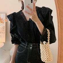 Load image into Gallery viewer, Elegant lace V-neck spliced with ruffles, loose casual puff sleeve lining
