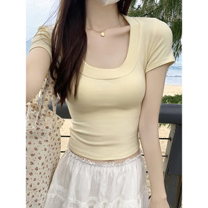 Solid color versatile right shoulder tight sweet and spicy short U-neck top