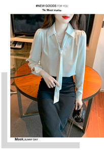 Temperament ribbon niche spring and autumn gentle French chiffon shirt