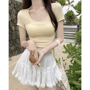 Solid color versatile right shoulder tight sweet and spicy short U-neck top