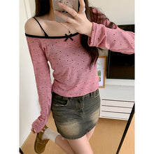 Load image into Gallery viewer, Chic top polka-dot off-shoulder bateau neckline thin mesh T-shirt
