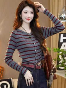 Striped round neck knitted long-sleeved versatile top