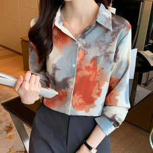 Retro lapel long-sleeved printed tie-dye style shirt commuter top