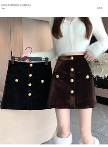 Niche A-line high-waisted slimming half-length corduroy skirt