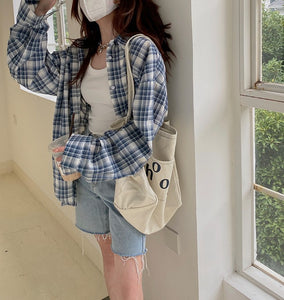 Plaid long sleeve sun protection loose casual lazy style shirt