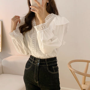 Elegant lace V-neck spliced with ruffles, loose casual puff sleeve lining