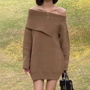 Loose, lazy and versatile one-shoulder mid-length sweater dress