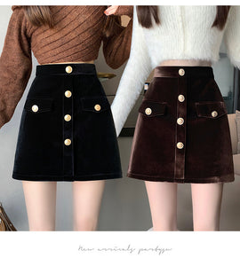 Niche A-line high-waisted slimming half-length corduroy skirt