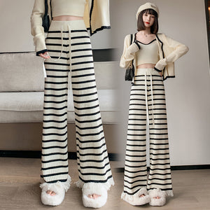 Striped fringed knitted casual wide-leg pants