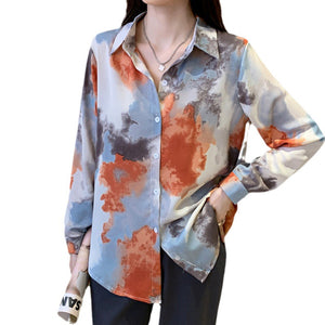 Retro lapel long-sleeved printed tie-dye style shirt commuter top