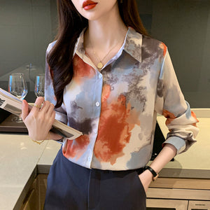 Retro lapel long-sleeved printed tie-dye style shirt commuter top