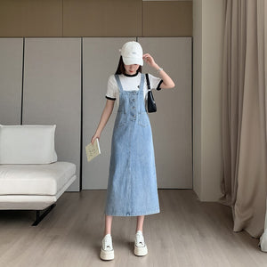 Loose, casual and versatile denim suspender skirt